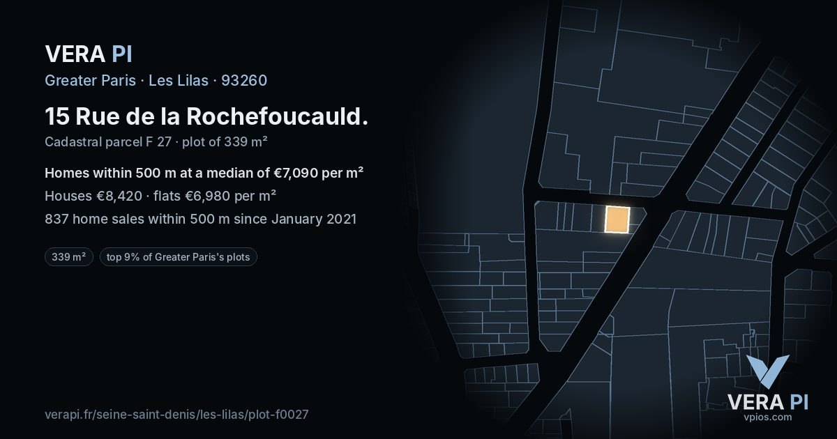 15 Rue de la Rochefoucauld, Les Lilas at night – the plot lit, the parcels around coloured by the prices near them