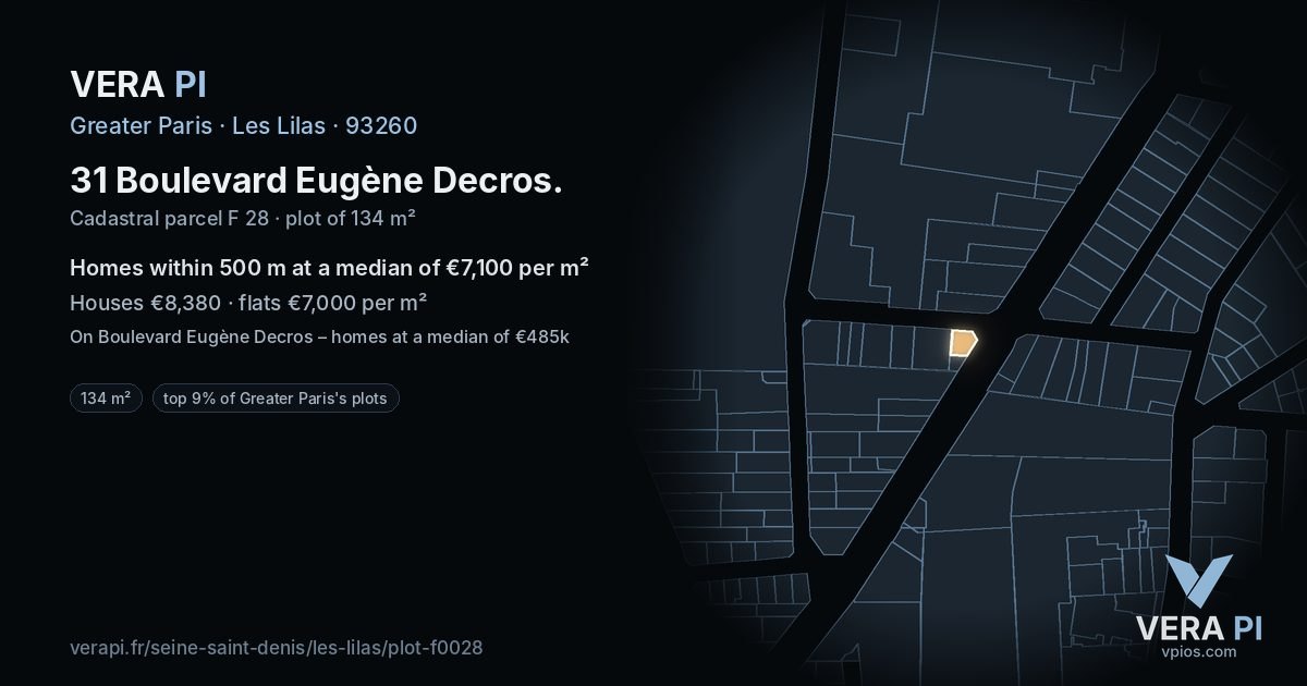 31 Boulevard Eugène Decros, Les Lilas at night – the plot lit, the parcels around coloured by the prices near them