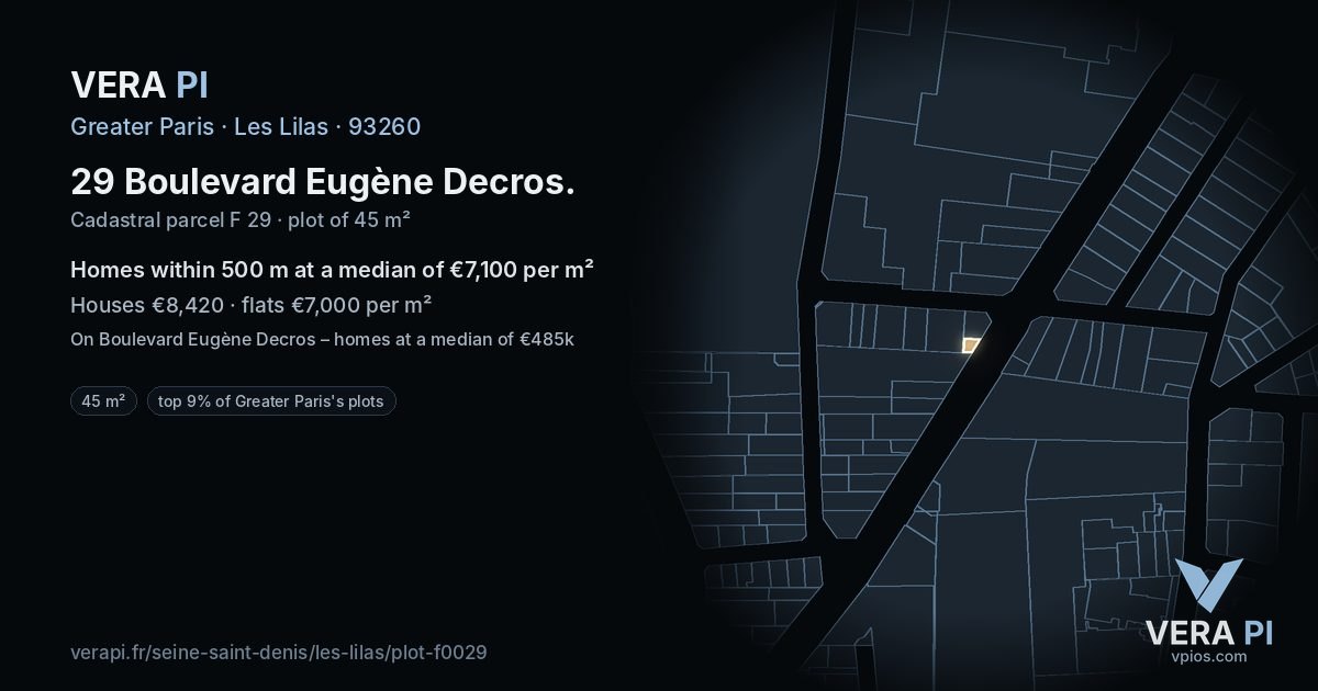 29 Boulevard Eugène Decros, Les Lilas at night – the plot lit, the parcels around coloured by the prices near them