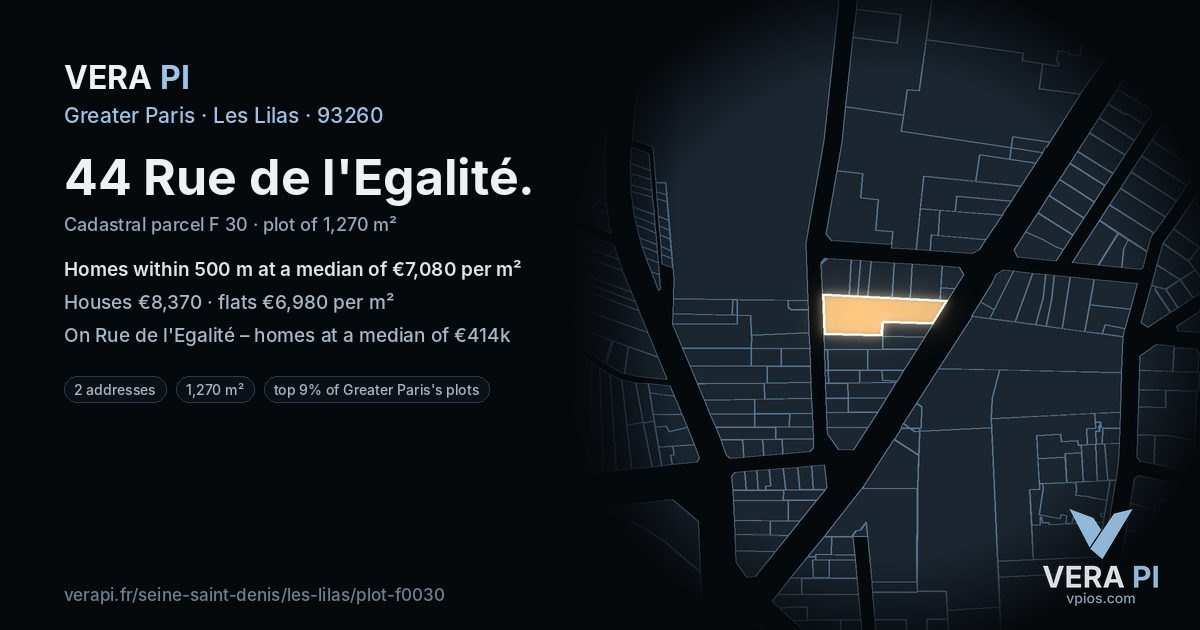 44 Rue de l'Egalité, Les Lilas at night – the plot lit, the parcels around coloured by the prices near them