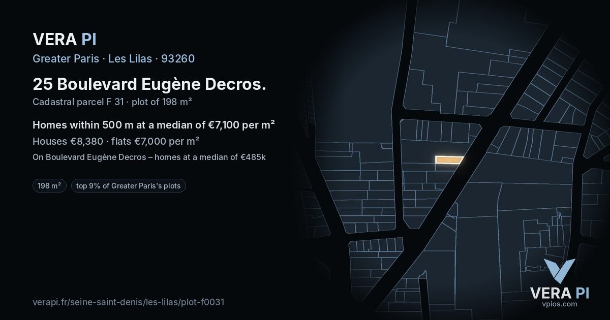 25 Boulevard Eugène Decros, Les Lilas at night – the plot lit, the parcels around coloured by the prices near them