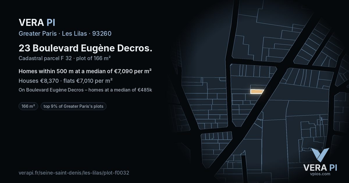 23 Boulevard Eugène Decros, Les Lilas at night – the plot lit, the parcels around coloured by the prices near them