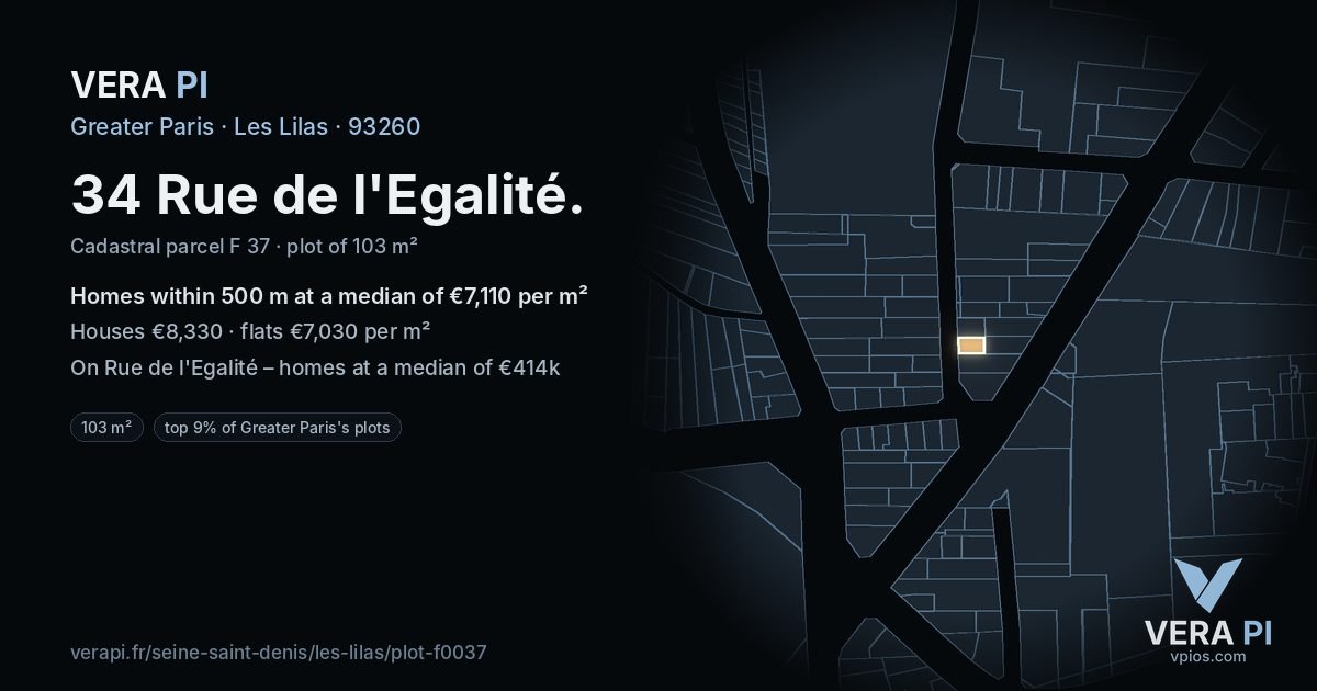 34 Rue de l'Egalité, Les Lilas at night – the plot lit, the parcels around coloured by the prices near them