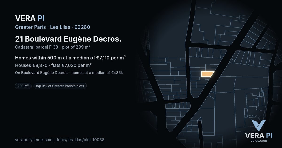 21 Boulevard Eugène Decros, Les Lilas at night – the plot lit, the parcels around coloured by the prices near them
