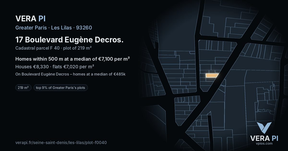 17 Boulevard Eugène Decros, Les Lilas at night – the plot lit, the parcels around coloured by the prices near them