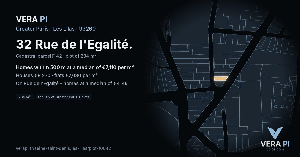 32 Rue de l'Egalité, Les Lilas at night – the plot lit, the parcels around coloured by the prices near them