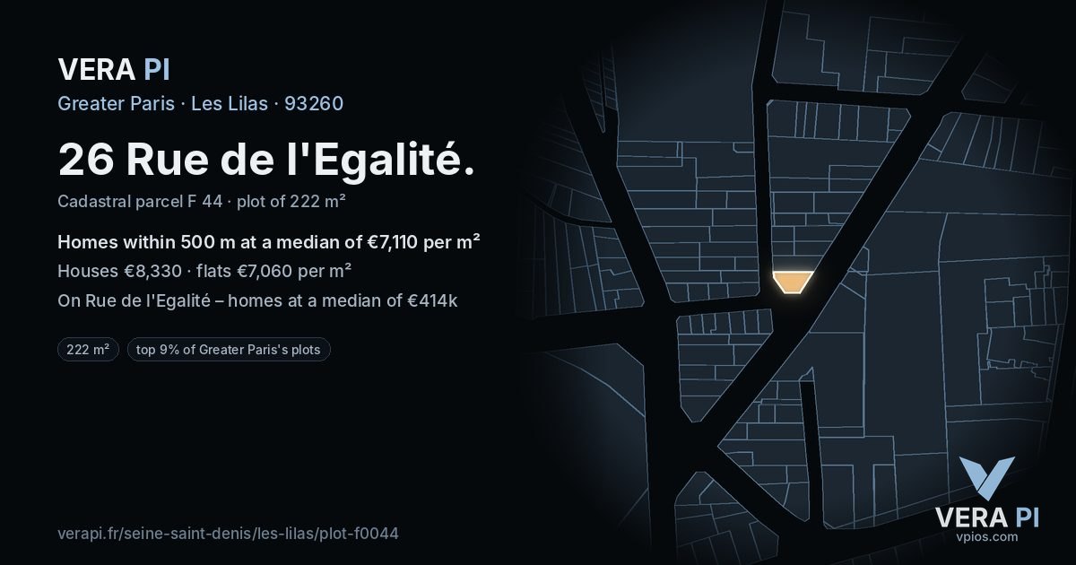 26 Rue de l'Egalité, Les Lilas at night – the plot lit, the parcels around coloured by the prices near them