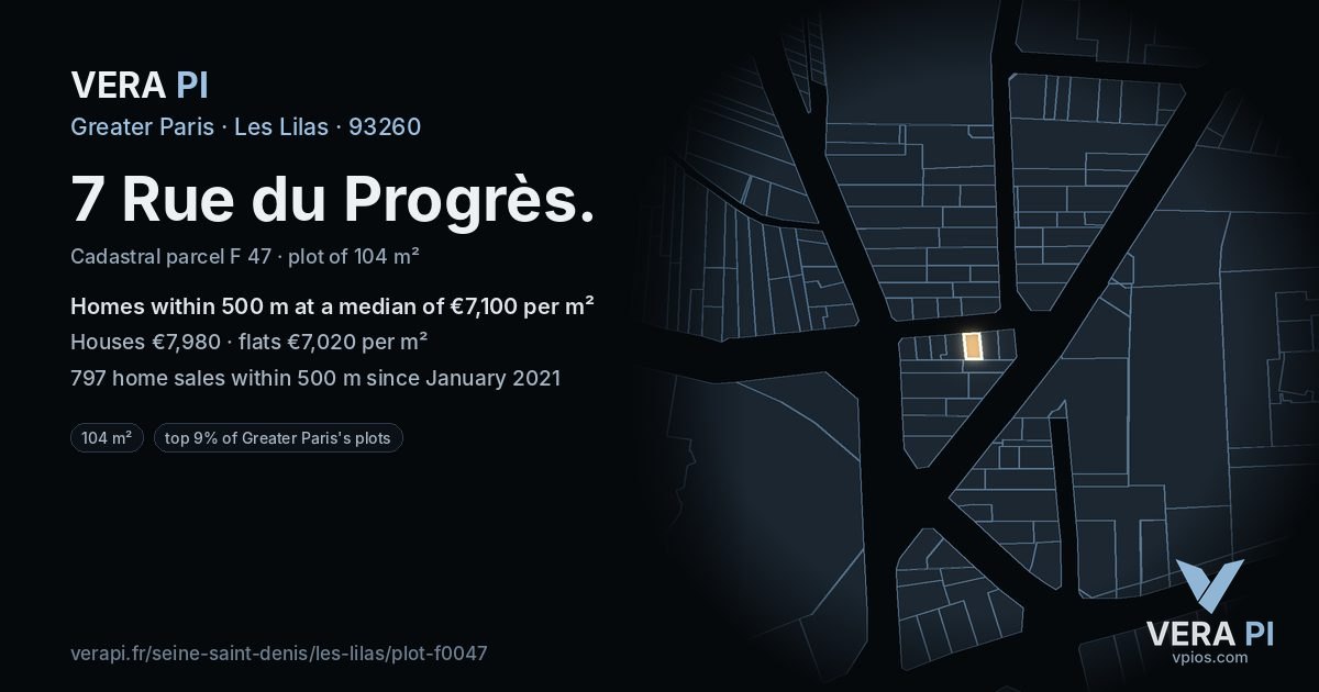 7 Rue du Progrès, Les Lilas at night – the plot lit, the parcels around coloured by the prices near them