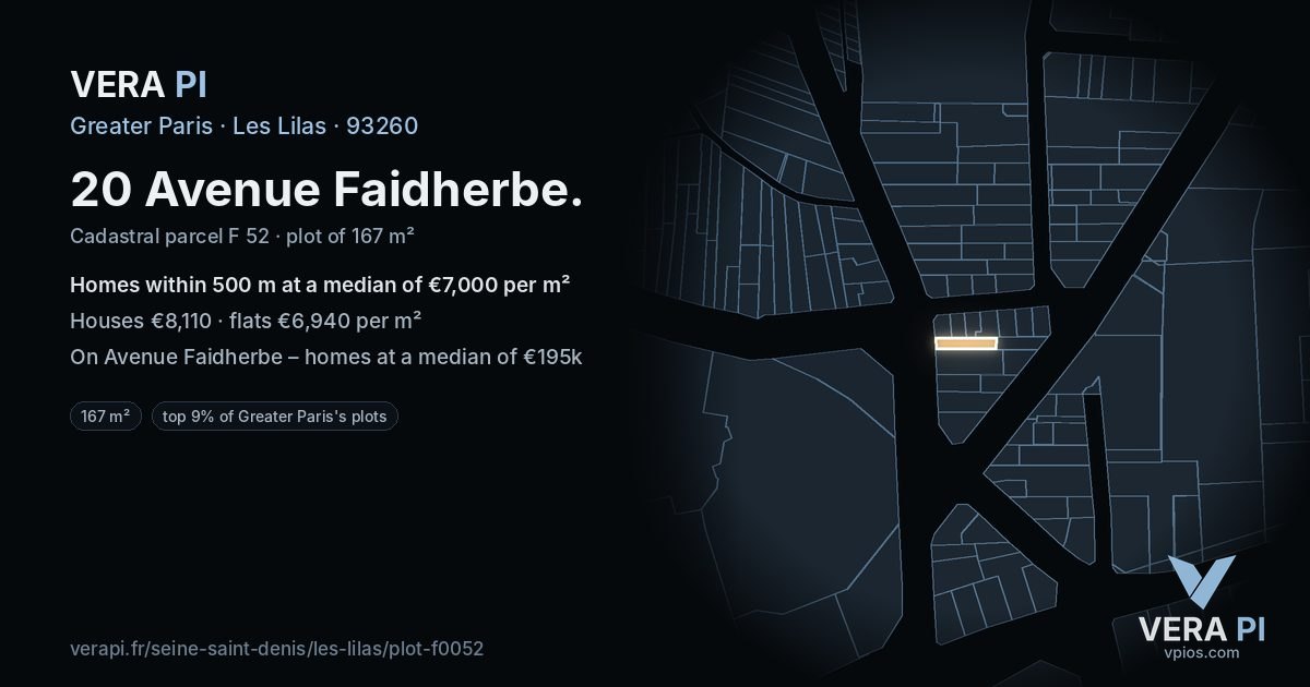 20 Avenue Faidherbe, Les Lilas at night – the plot lit, the parcels around coloured by the prices near them