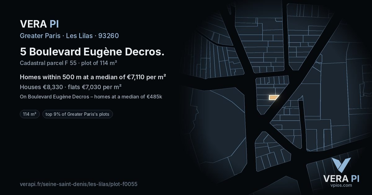5 Boulevard Eugène Decros, Les Lilas at night – the plot lit, the parcels around coloured by the prices near them