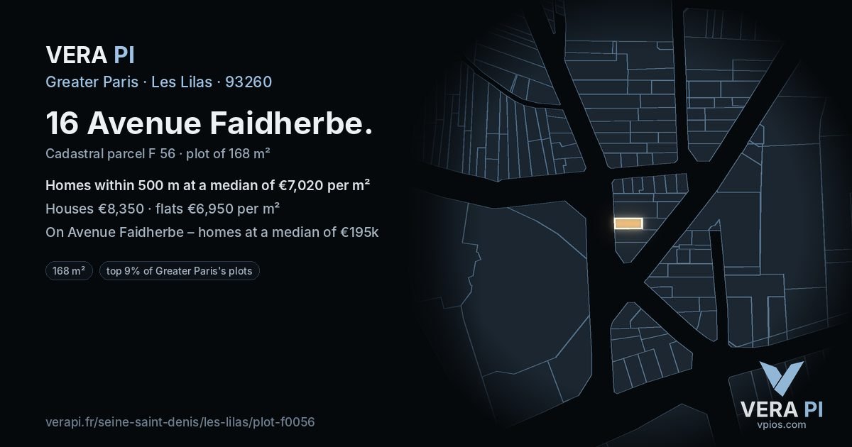16 Avenue Faidherbe, Les Lilas at night – the plot lit, the parcels around coloured by the prices near them