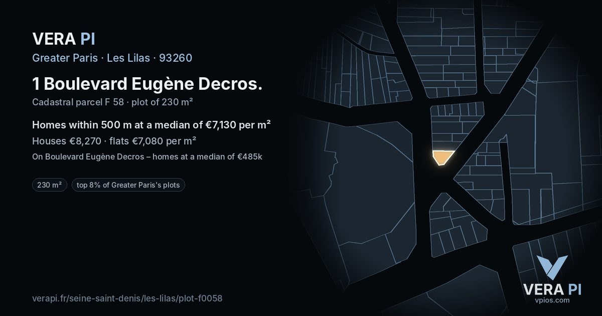 1 Boulevard Eugène Decros, Les Lilas at night – the plot lit, the parcels around coloured by the prices near them