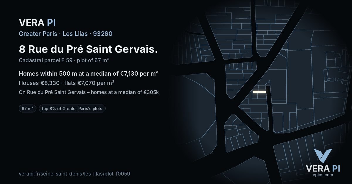 8 Rue du Pré Saint Gervais, Les Lilas at night – the plot lit, the parcels around coloured by the prices near them