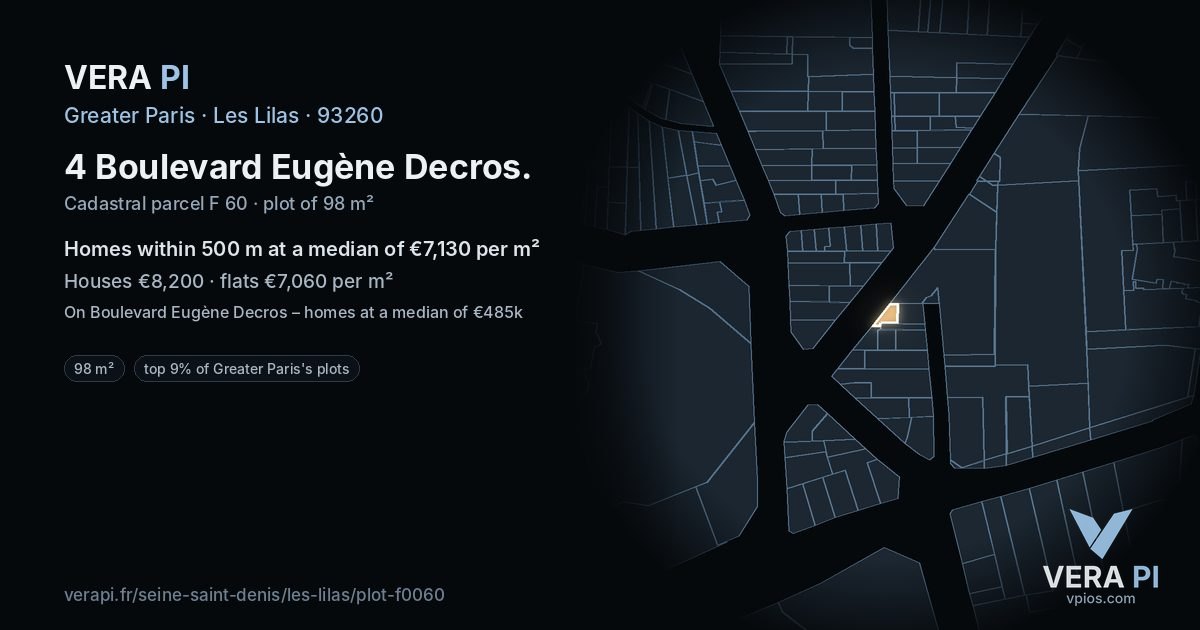 4 Boulevard Eugène Decros, Les Lilas at night – the plot lit, the parcels around coloured by the prices near them