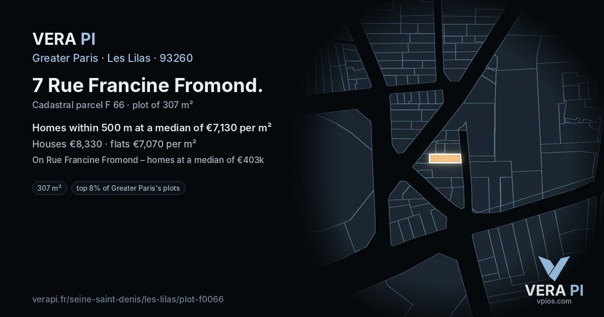7 Rue Francine Fromond, Les Lilas at night – the plot lit, the parcels around coloured by the prices near them