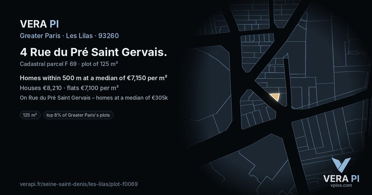 4 Rue du Pré Saint Gervais, Les Lilas at night – the plot lit, the parcels around coloured by the prices near them
