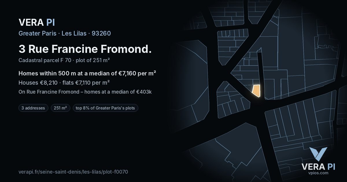 3 Rue Francine Fromond, Les Lilas at night – the plot lit, the parcels around coloured by the prices near them