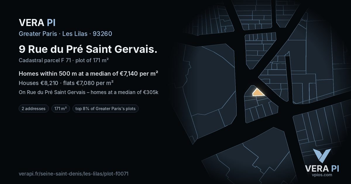 9 Rue du Pré Saint Gervais, Les Lilas at night – the plot lit, the parcels around coloured by the prices near them