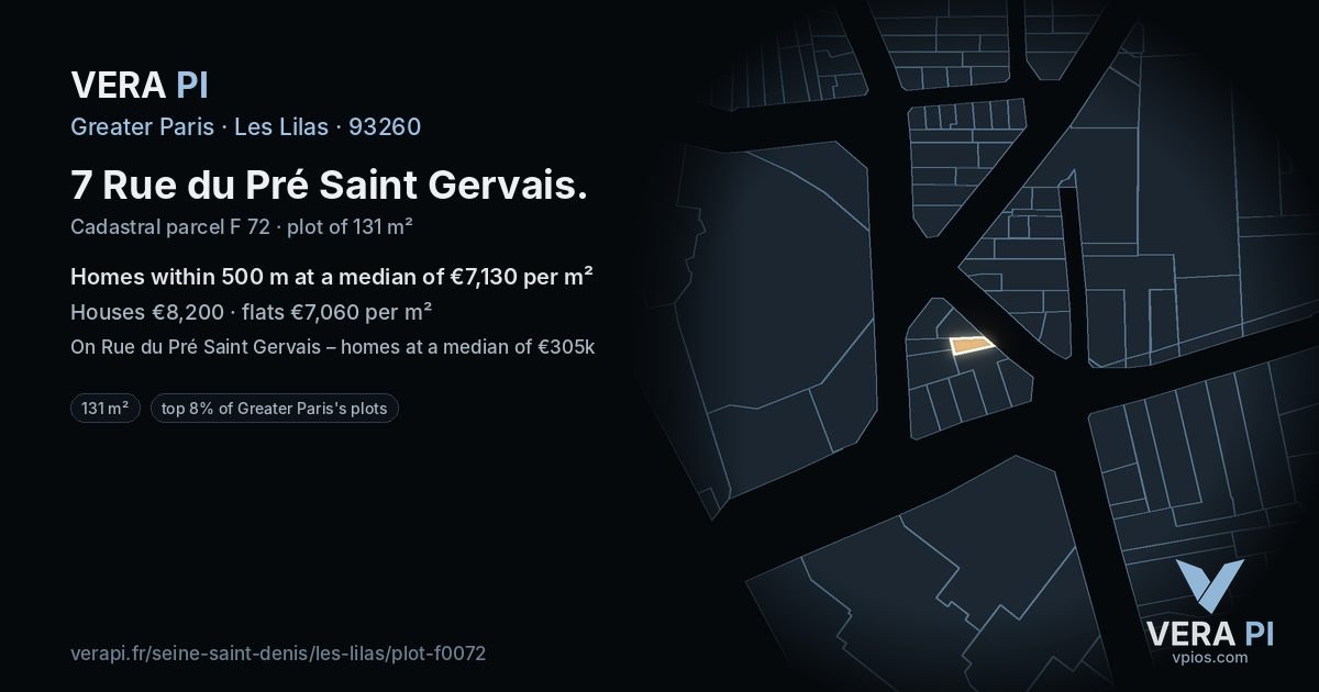 7 Rue du Pré Saint Gervais, Les Lilas at night – the plot lit, the parcels around coloured by the prices near them
