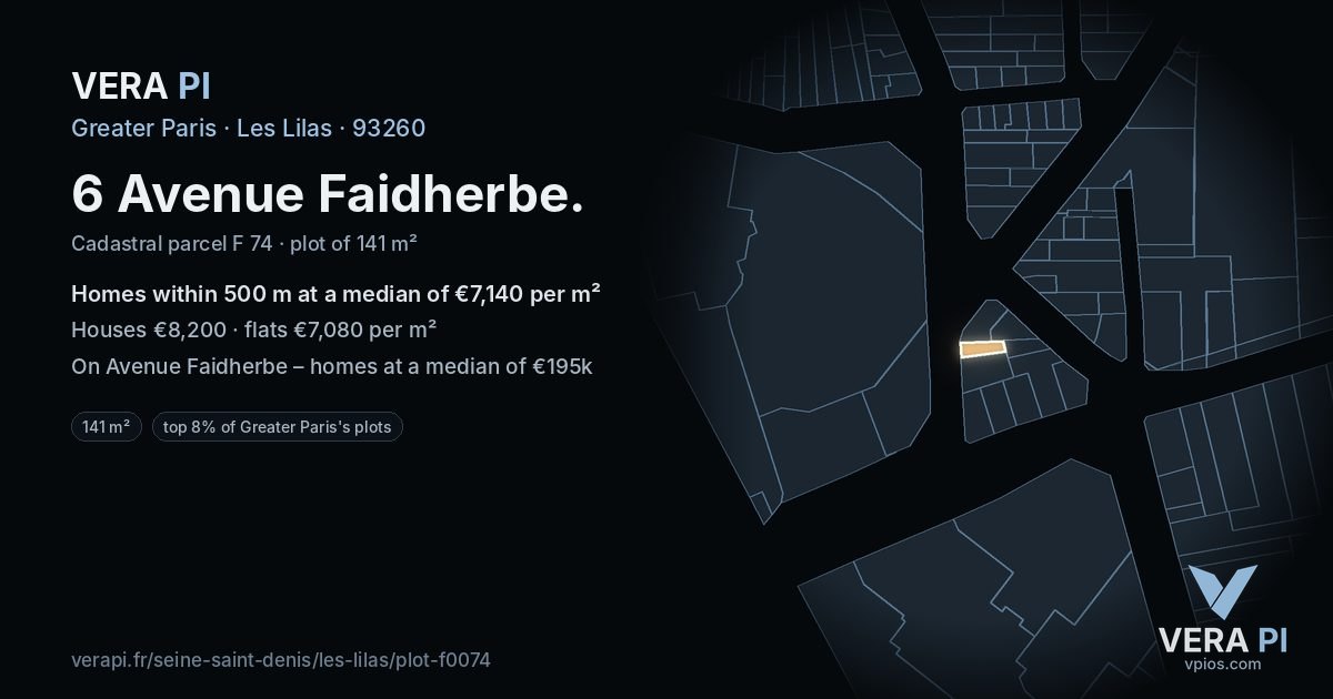 6 Avenue Faidherbe, Les Lilas at night – the plot lit, the parcels around coloured by the prices near them