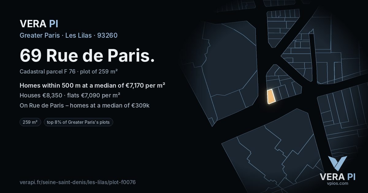 69 Rue de Paris, Les Lilas at night – the plot lit, the parcels around coloured by the prices near them