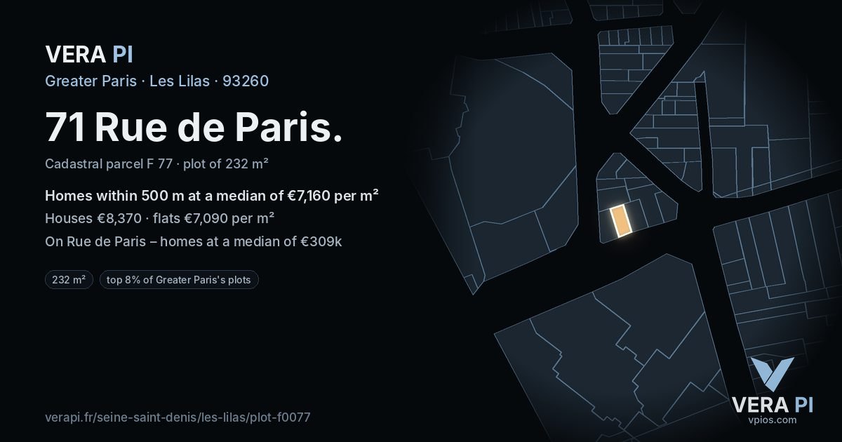71 Rue de Paris, Les Lilas at night – the plot lit, the parcels around coloured by the prices near them