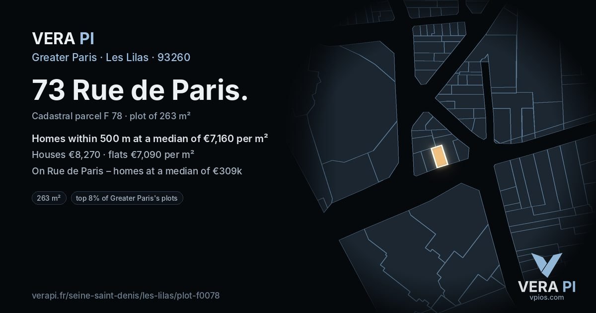 73 Rue de Paris, Les Lilas at night – the plot lit, the parcels around coloured by the prices near them