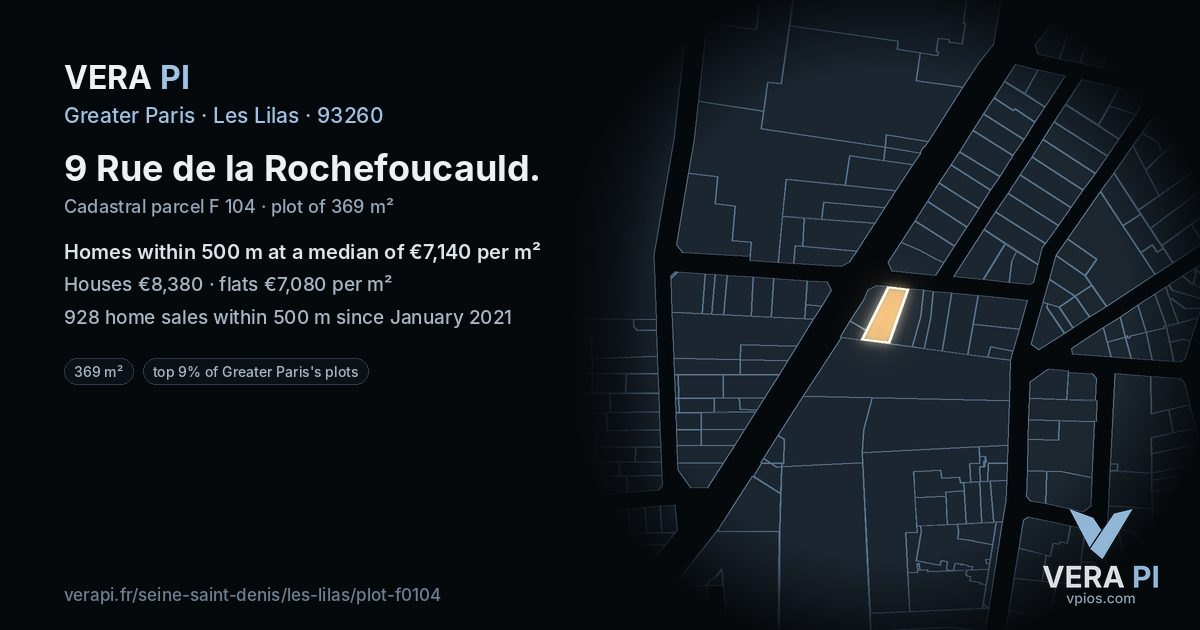 9 Rue de la Rochefoucauld, Les Lilas at night – the plot lit, the parcels around coloured by the prices near them