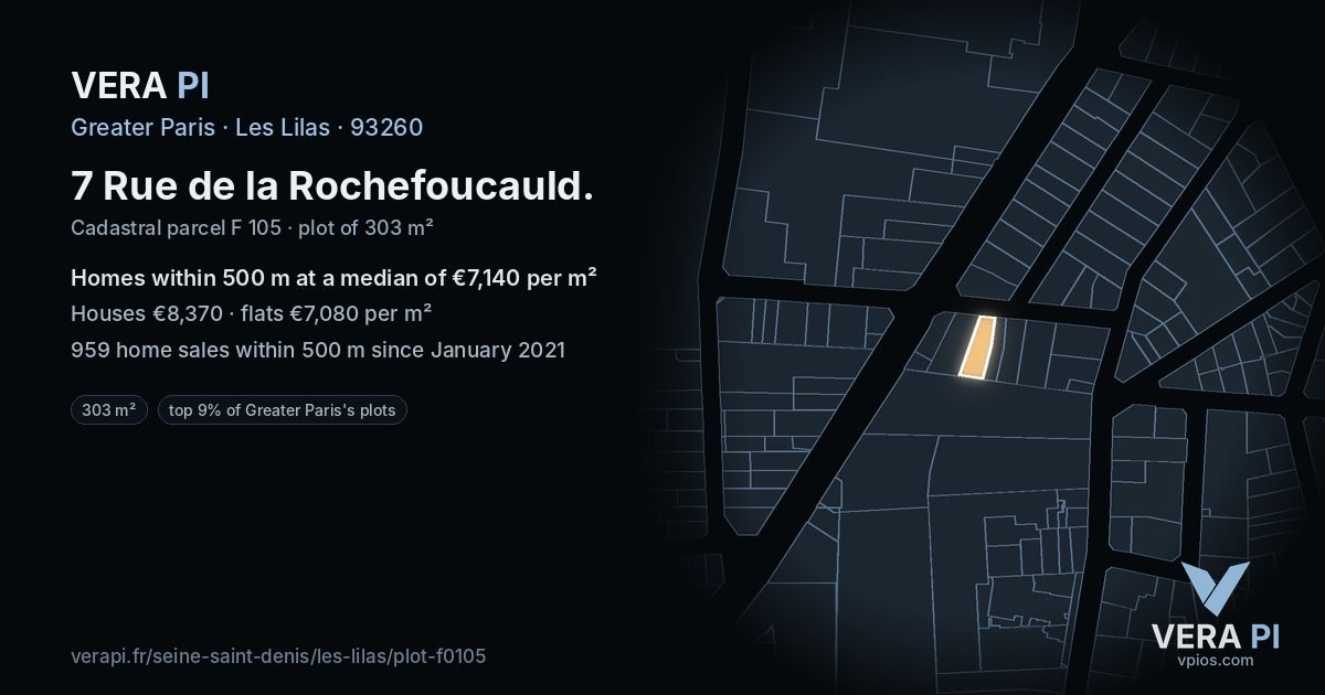 7 Rue de la Rochefoucauld, Les Lilas at night – the plot lit, the parcels around coloured by the prices near them
