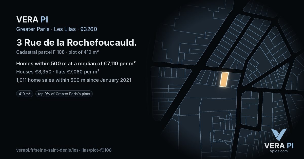 3 Rue de la Rochefoucauld, Les Lilas at night – the plot lit, the parcels around coloured by the prices near them