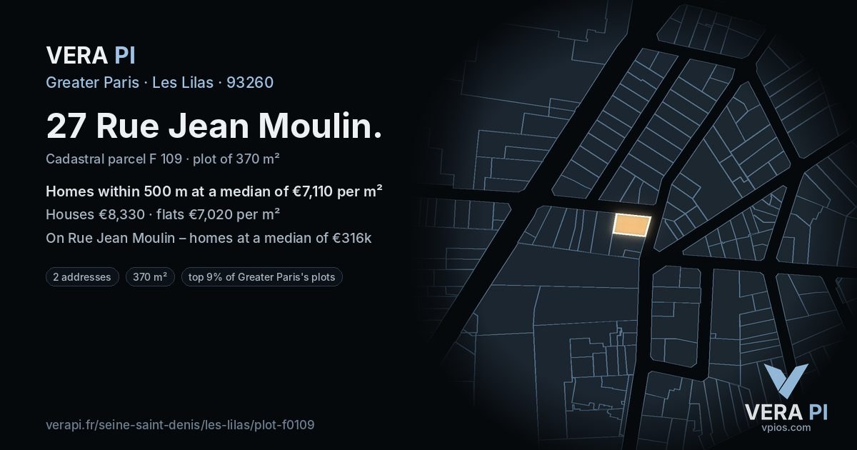 27 Rue Jean Moulin, Les Lilas at night – the plot lit, the parcels around coloured by the prices near them