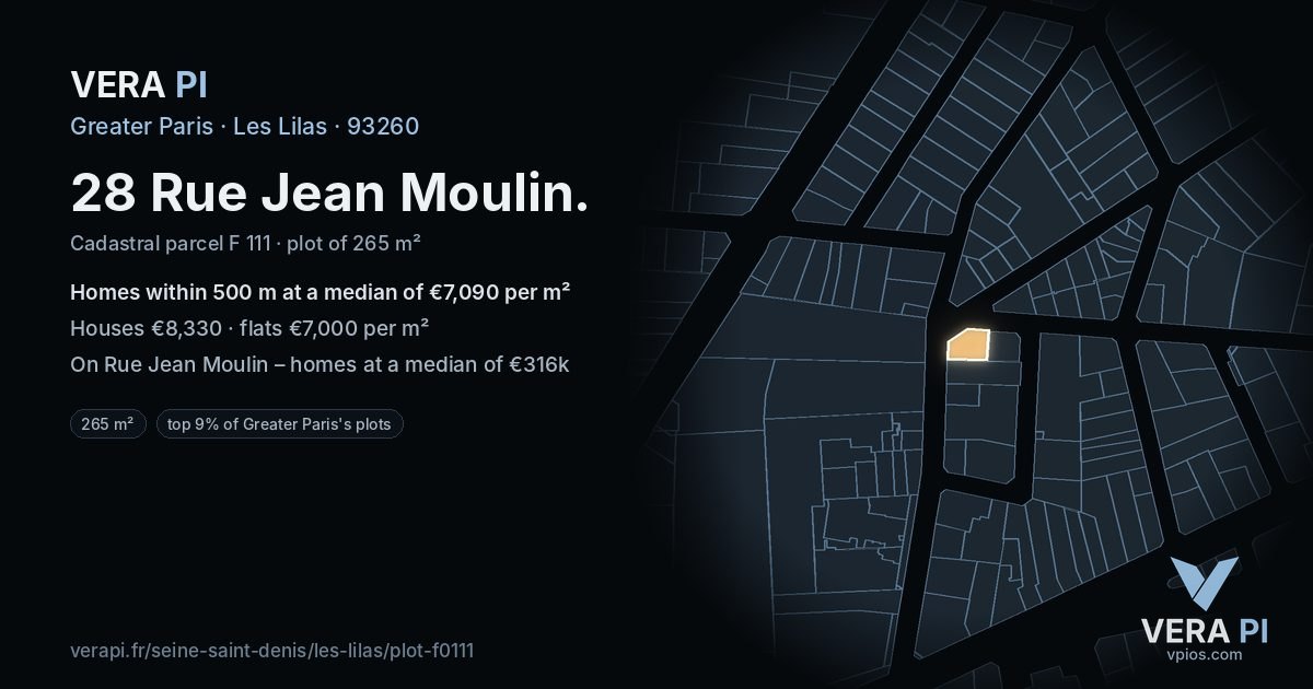 28 Rue Jean Moulin, Les Lilas at night – the plot lit, the parcels around coloured by the prices near them