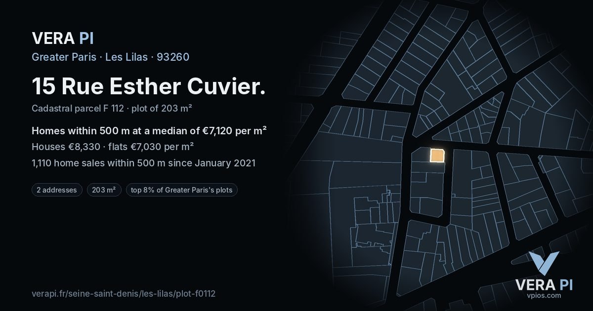 15 Rue Esther Cuvier, Les Lilas at night – the plot lit, the parcels around coloured by the prices near them