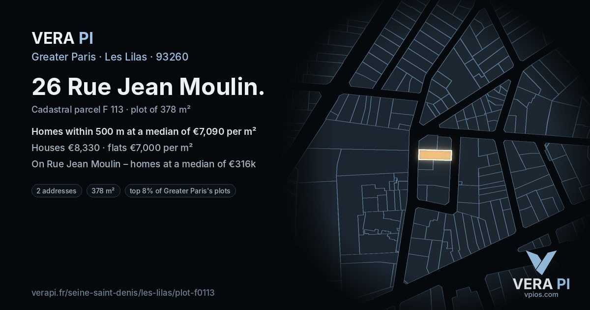 26 Rue Jean Moulin, Les Lilas at night – the plot lit, the parcels around coloured by the prices near them