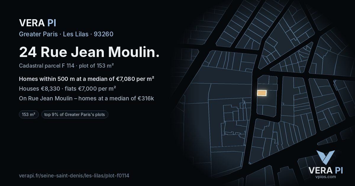 24 Rue Jean Moulin, Les Lilas at night – the plot lit, the parcels around coloured by the prices near them