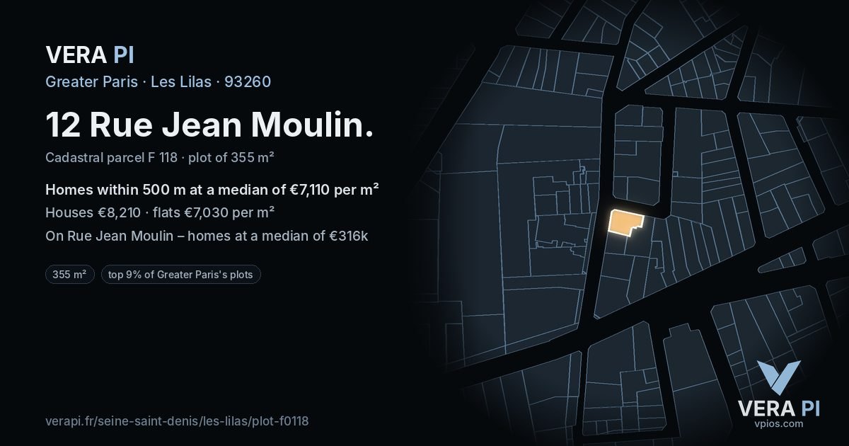 12 Rue Jean Moulin, Les Lilas at night – the plot lit, the parcels around coloured by the prices near them