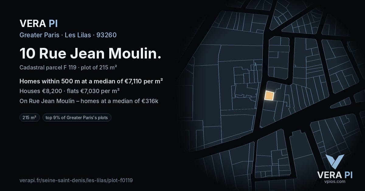 10 Rue Jean Moulin, Les Lilas at night – the plot lit, the parcels around coloured by the prices near them