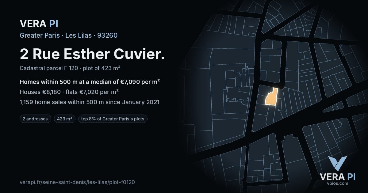 2 Rue Esther Cuvier, Les Lilas at night – the plot lit, the parcels around coloured by the prices near them