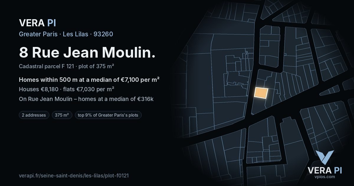 8 Rue Jean Moulin, Les Lilas at night – the plot lit, the parcels around coloured by the prices near them