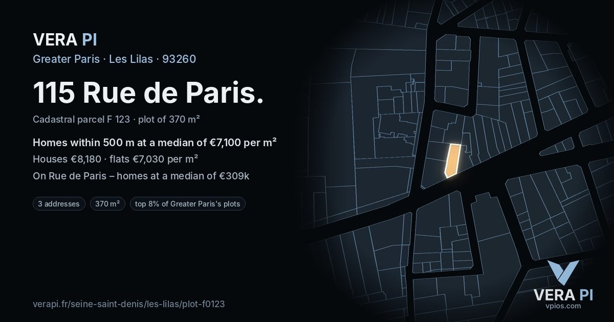 115 Rue de Paris, Les Lilas at night – the plot lit, the parcels around coloured by the prices near them