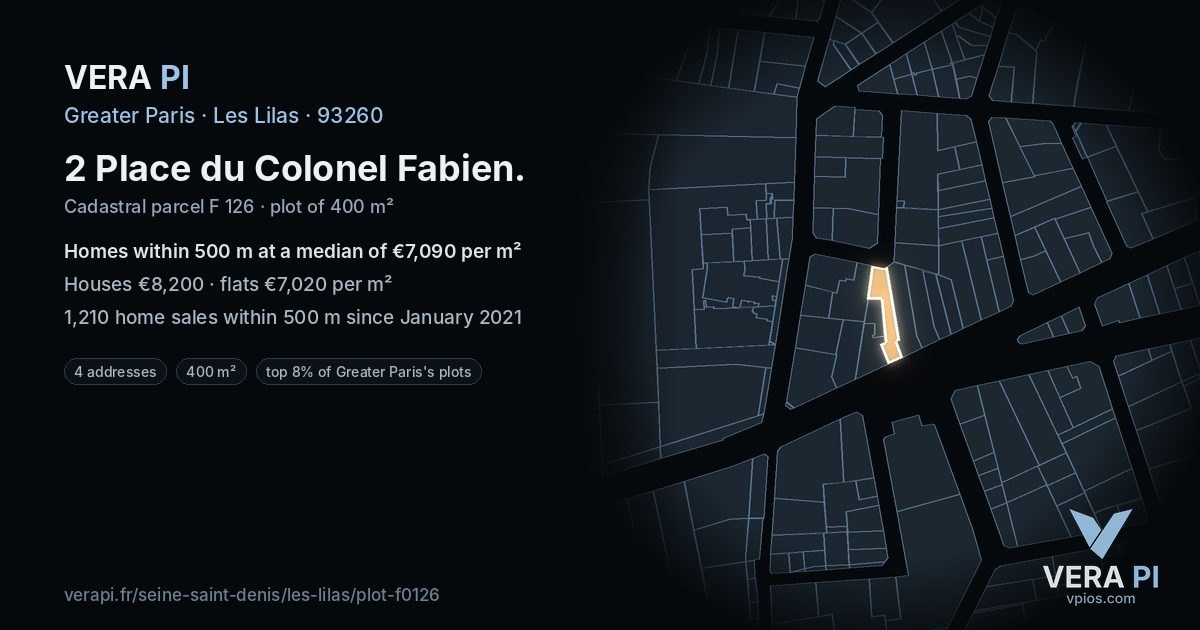 2 Place du Colonel Fabien, Les Lilas at night – the plot lit, the parcels around coloured by the prices near them
