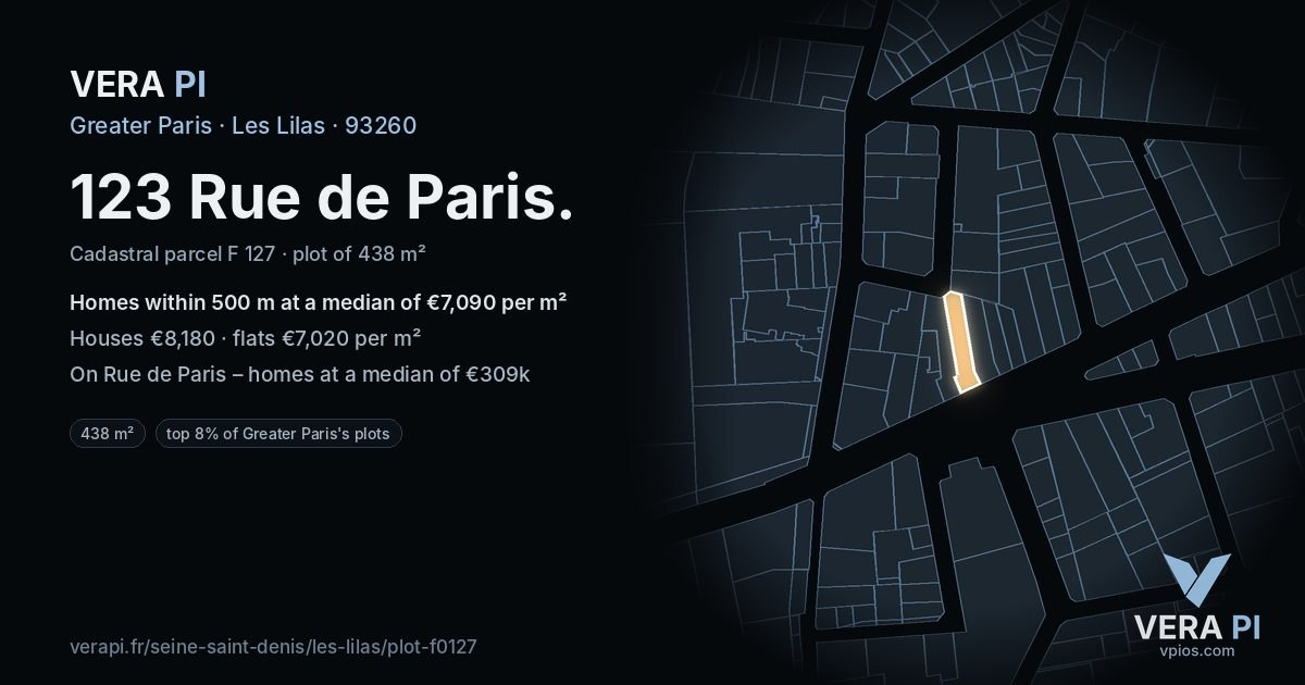 123 Rue de Paris, Les Lilas at night – the plot lit, the parcels around coloured by the prices near them
