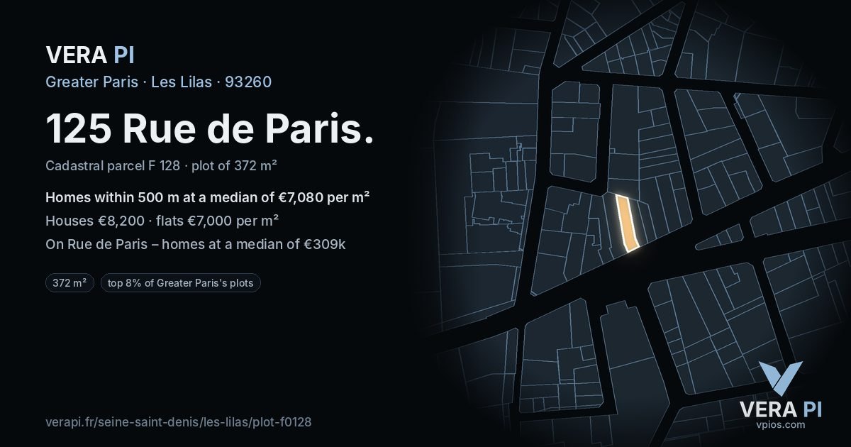 125 Rue de Paris, Les Lilas at night – the plot lit, the parcels around coloured by the prices near them