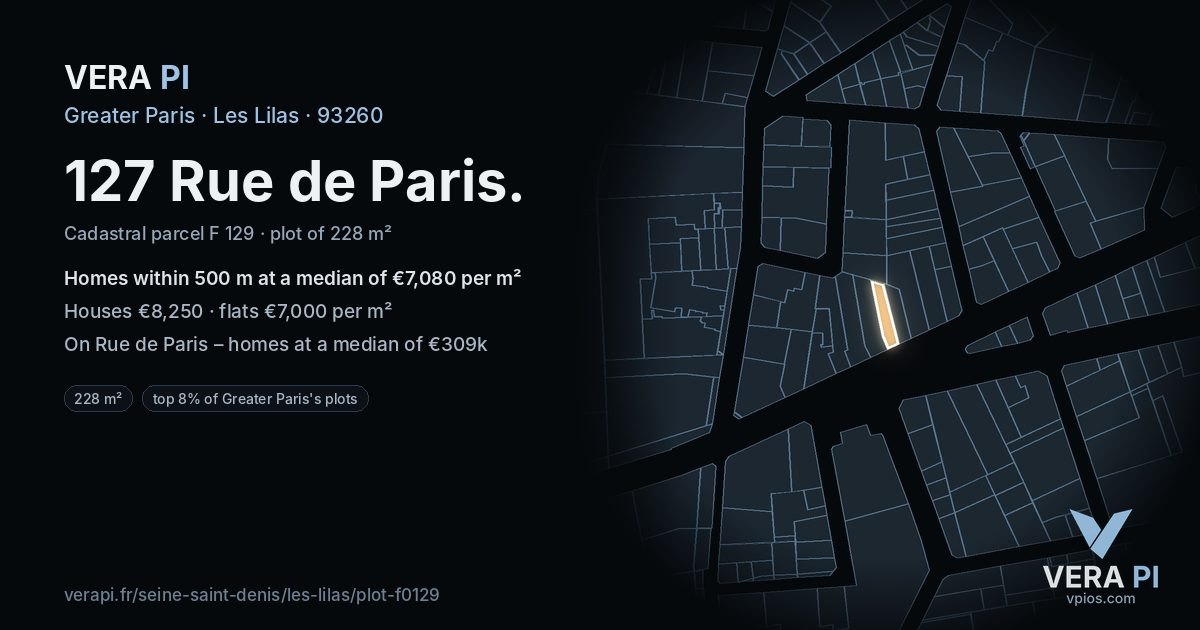 127 Rue de Paris, Les Lilas at night – the plot lit, the parcels around coloured by the prices near them