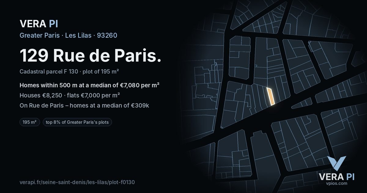 129 Rue de Paris, Les Lilas at night – the plot lit, the parcels around coloured by the prices near them