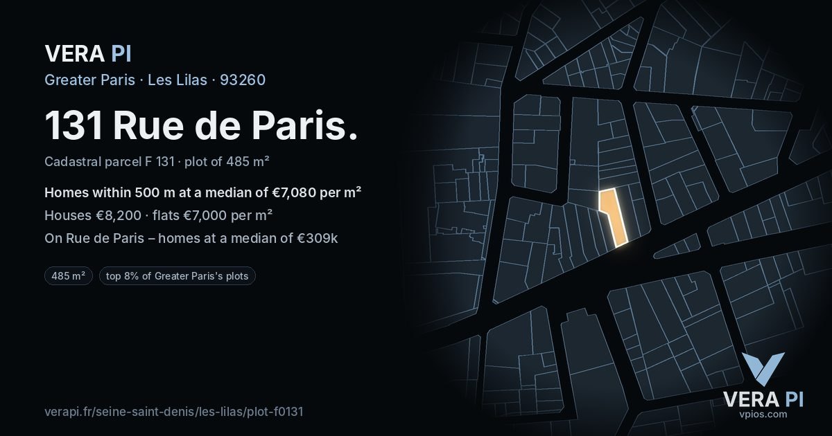 131 Rue de Paris, Les Lilas at night – the plot lit, the parcels around coloured by the prices near them