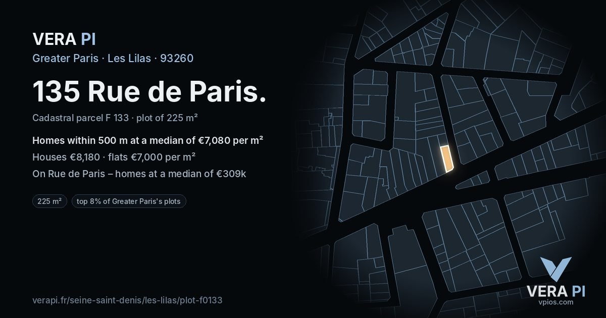 135 Rue de Paris, Les Lilas at night – the plot lit, the parcels around coloured by the prices near them