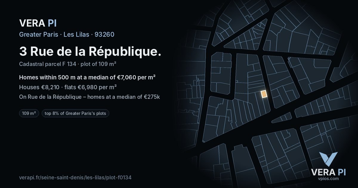 3 Rue de la République, Les Lilas at night – the plot lit, the parcels around coloured by the prices near them