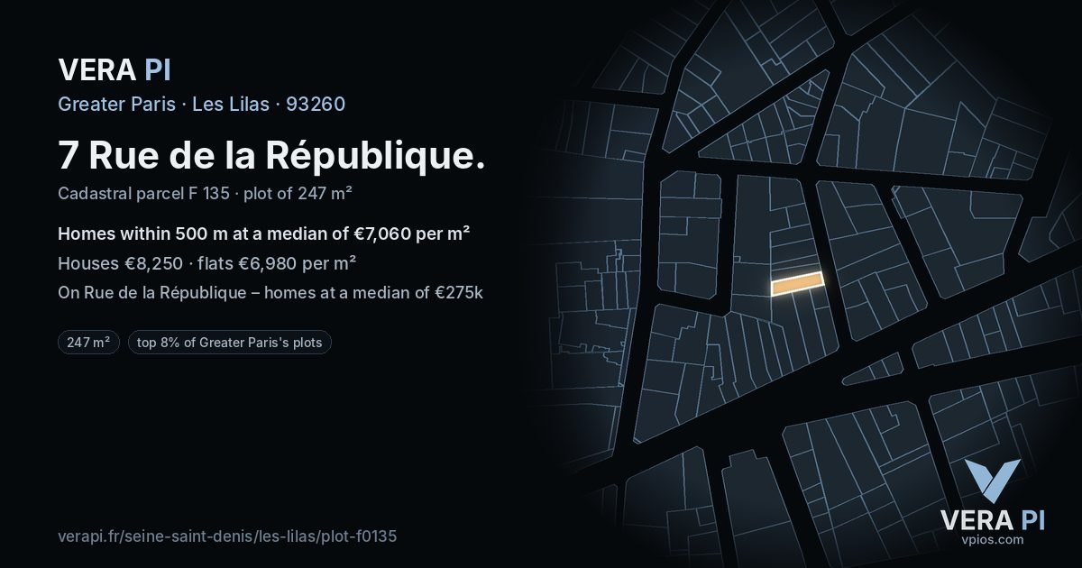 7 Rue de la République, Les Lilas at night – the plot lit, the parcels around coloured by the prices near them
