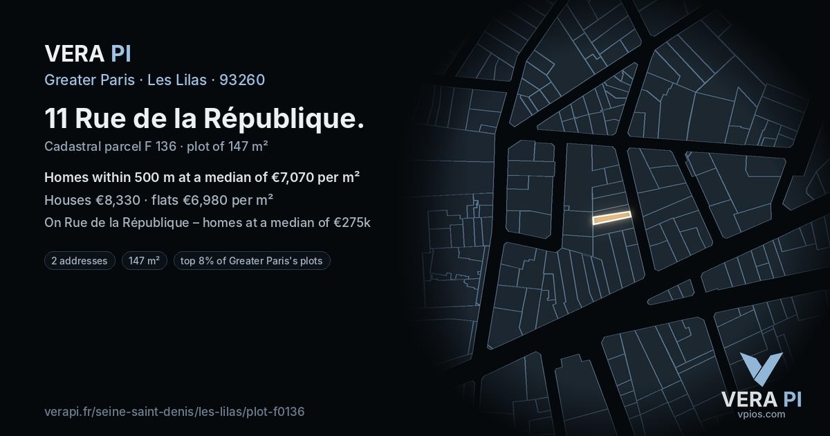 11 Rue de la République, Les Lilas at night – the plot lit, the parcels around coloured by the prices near them
